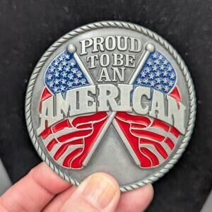Proud To Be An American Flag Belt Buckle Patriotic USA Red White Blue Metal 3.5"